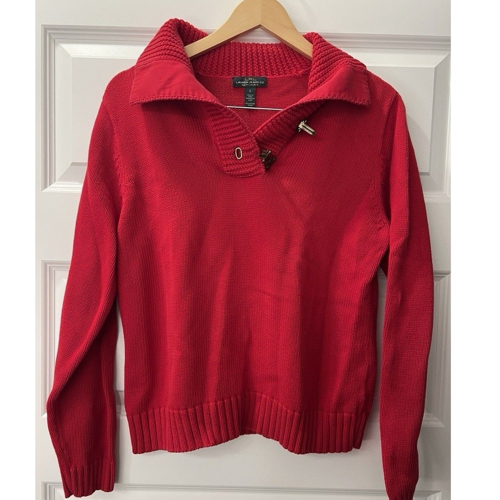 Lauren Ralph Lauren Red Cotton Knit Sweater Toggle Collar Women's Large